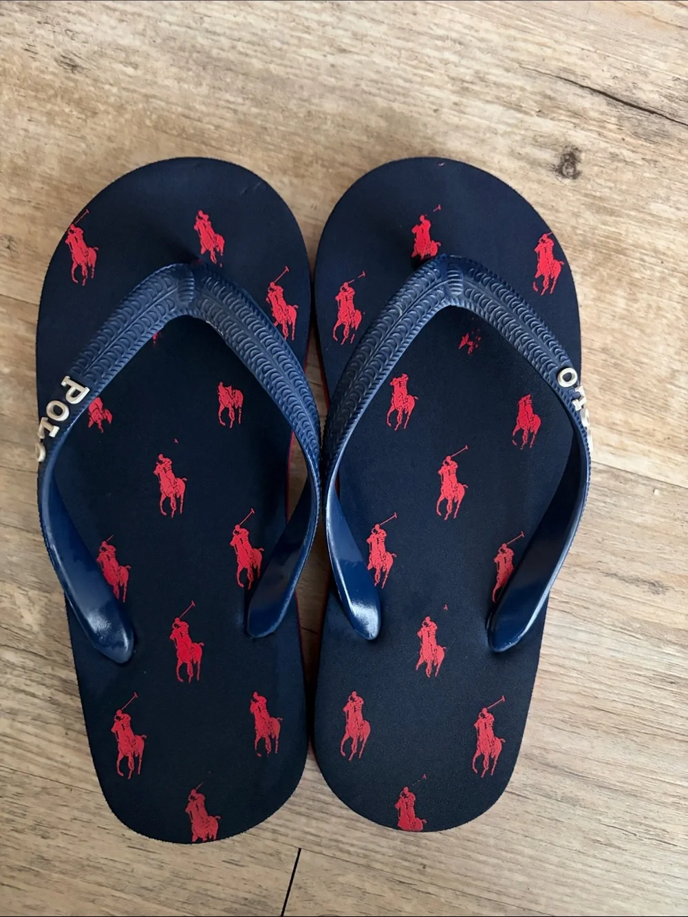 Polo by Ralph Lauren Kids Navy Flip Flops with Red Pony Print